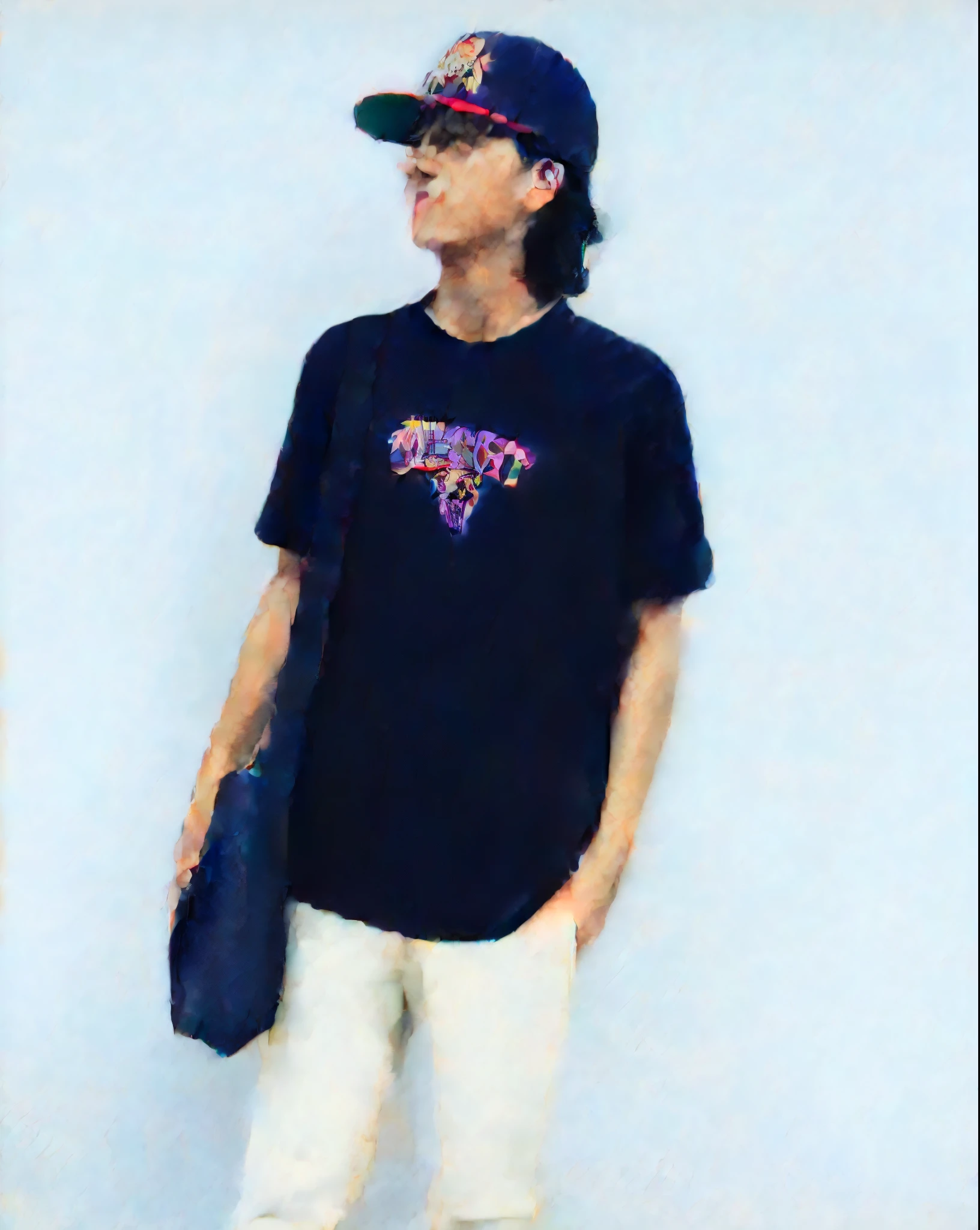 GTA Style. Wearing black printed T-shirt with shoulder bag and wearing khaki pants and Houston nuggets cap. Standing going left and side view look。(best quality,4k,8k,highres,masterpiece:1.2),ultra-detailed,(realistic,photorealistic,photo-realistic:1.37)