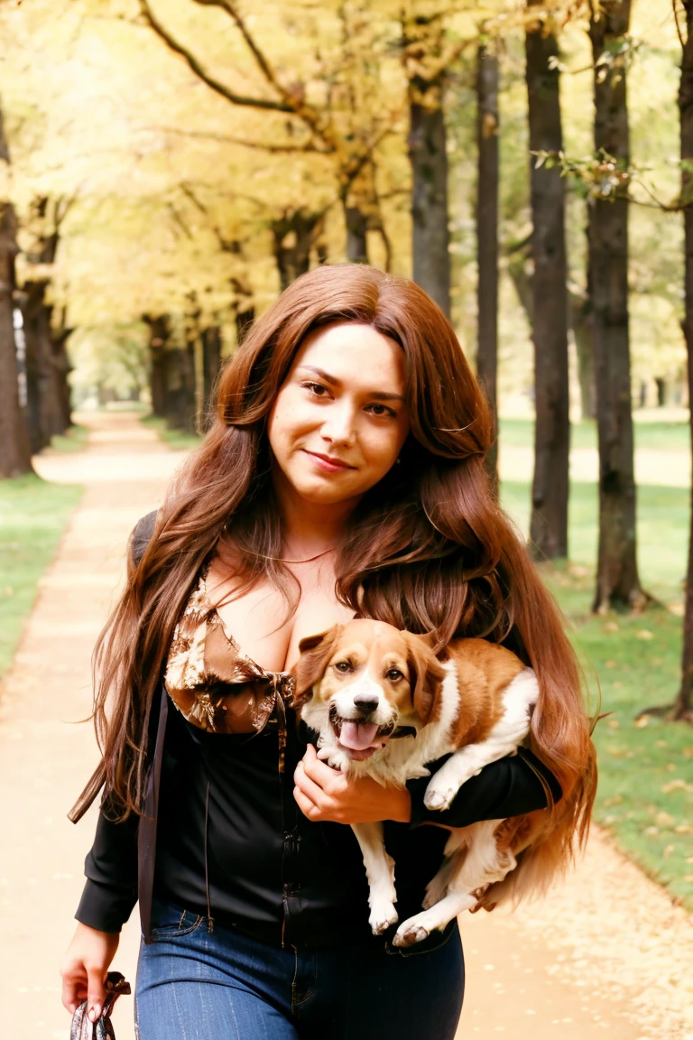 A young woman with long curly hair and floral makeup walks with her dog in a park with bright autumn colors, photos with special attention to details on the face and surrounding nature, A photo with the highest detail, Cinematic, Attention to the smallest details, Masterpiece, 16k, 8K, 4k, HD, UHD, makeup, D CUP size, cleavage, 35 years old woman