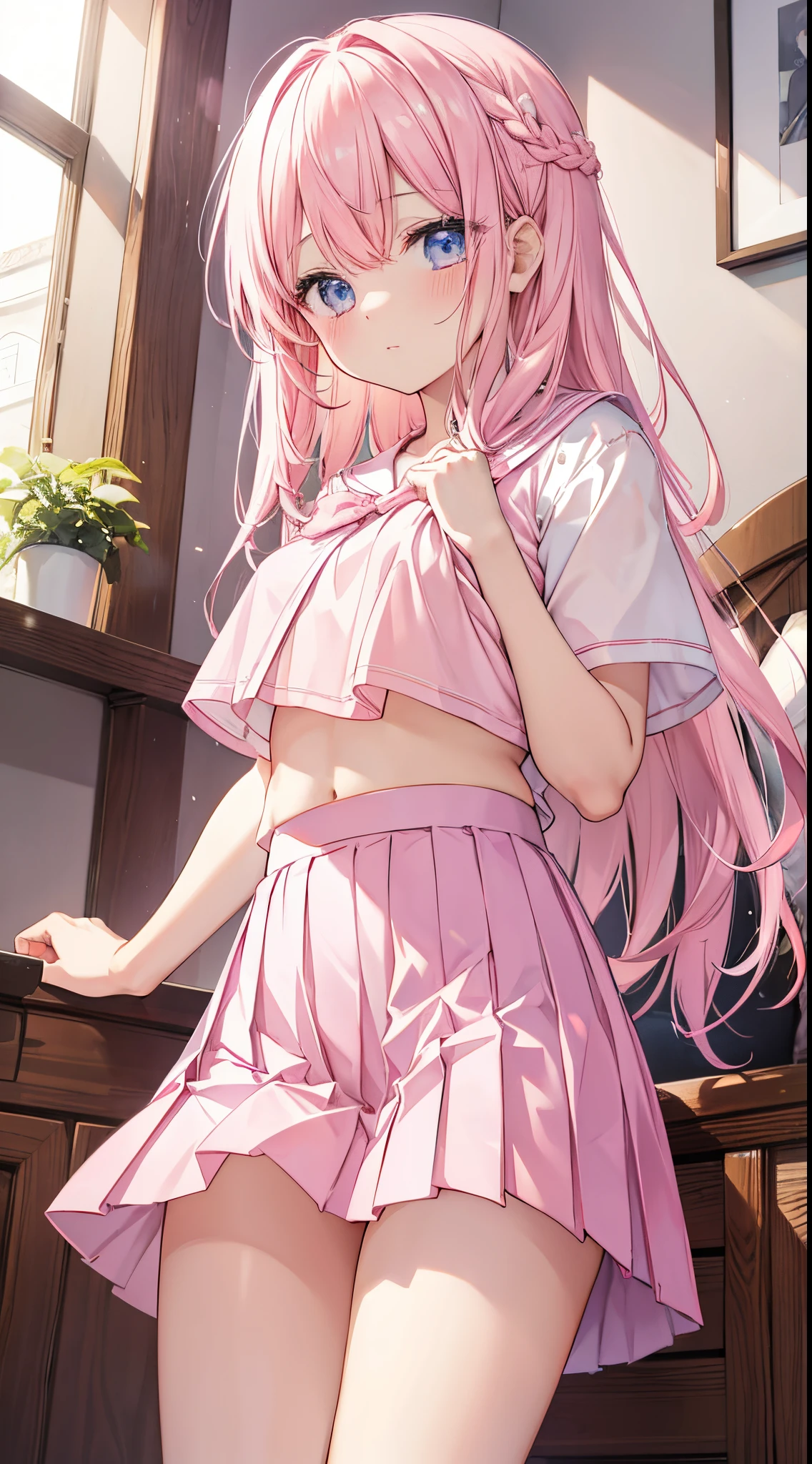 ((masterpiece, highest quality)), (1 girl), light pink hair, long hair, back view, morning sun, medium breasts, slim, hard nipples, wearing only men's white Y-shirt, no panties, slightly see-through clothes , embarrassed face, red face, [wide hips], boys' room, standing