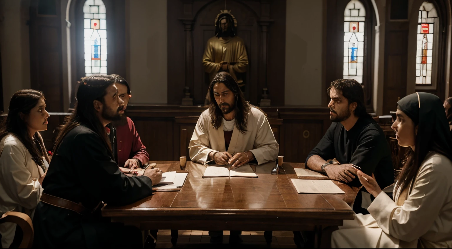 Jesus debatendo contra sacerdotes, autoridades da lei, discutindo ideias, 4k, cinematic, impactante