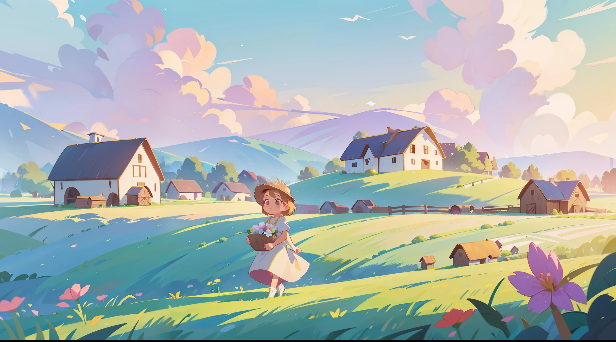 countryside, field, meadow, flowers, beautiful girl in peasant dress walking through field, ((cottage farmhouse and barn)), masterpiece, best quality, sharp focus, intricate details, perfection, golden ratio composition, 8k resolution, high resolution, beautiful, beautiful sky, vibrant pastel colors, bright colors