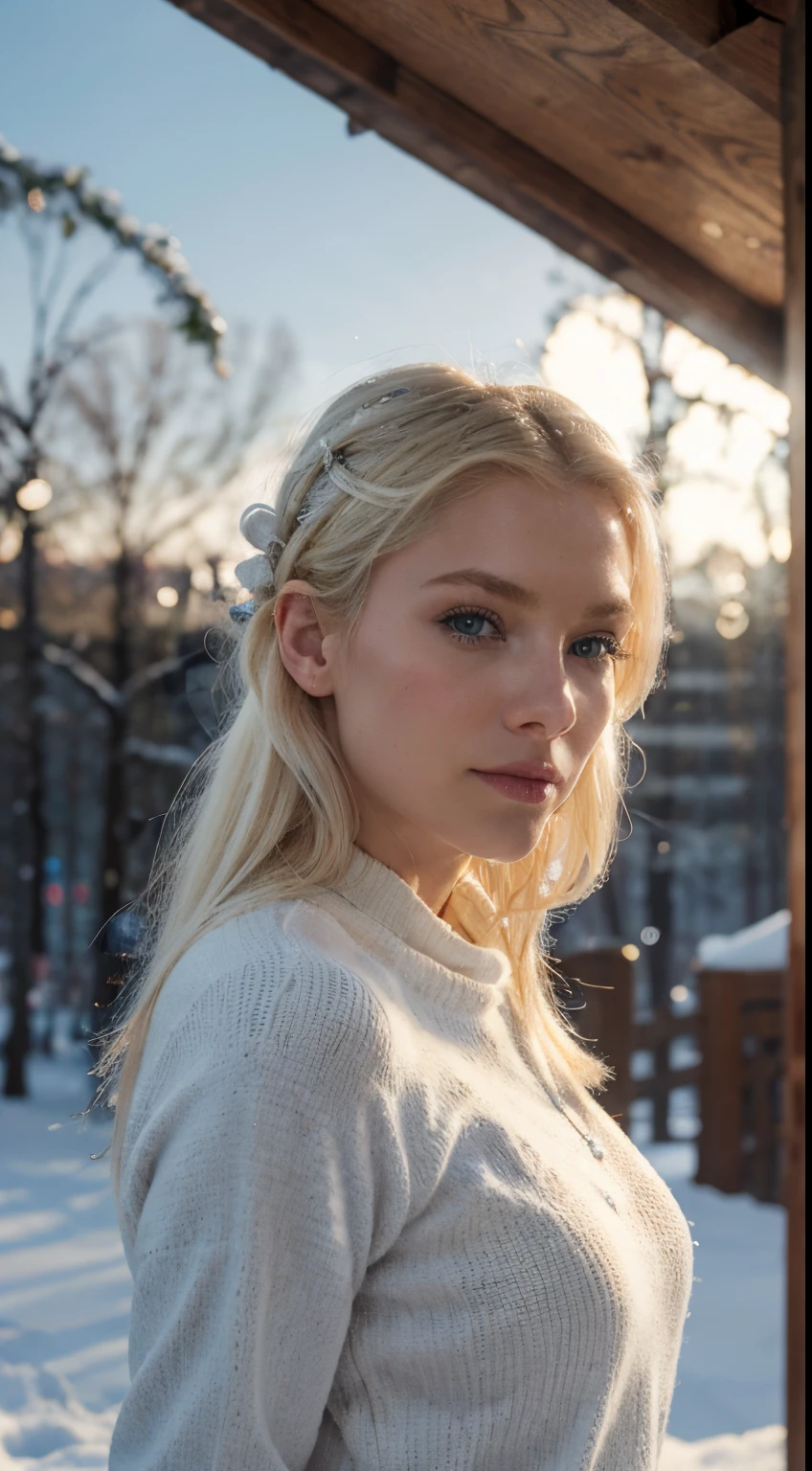 blonde de 25 ans, very classy, yeux verts bleus, flirty look, blonde hair, white hair, makeup, outside, winter, snow, Finland, Norway, looking away from camera, winter clothing, 90mm, Canon, f/16, UHD, anatomically correct, masterpiece, textured skin, super detail, high details, high quality, highres, 8k