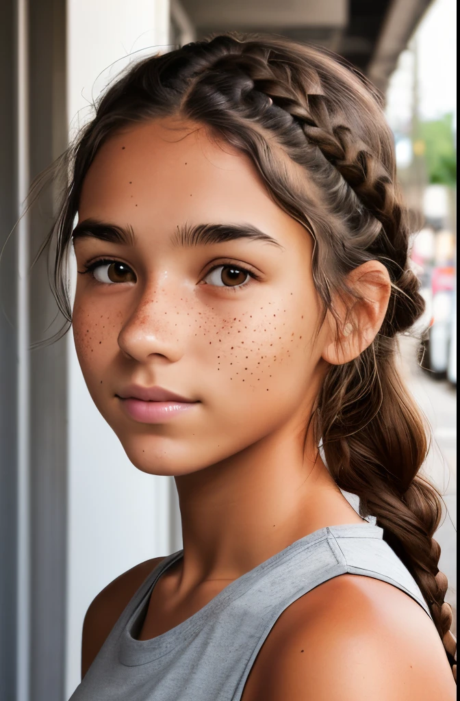 1girl. Tan skin, freckles on nose, freckles on cheeks, dark brown hair, wavy hair, hair braid, loose T-shirt, black sweatpants, twenty years old