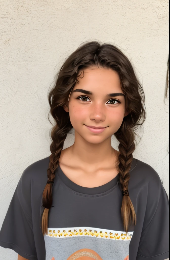 1girl. Tan skin, freckles on nose, freckles on cheeks, dark brown hair, wavy hair, hair braid, loose T-shirt, black sweatpants, twenty years old