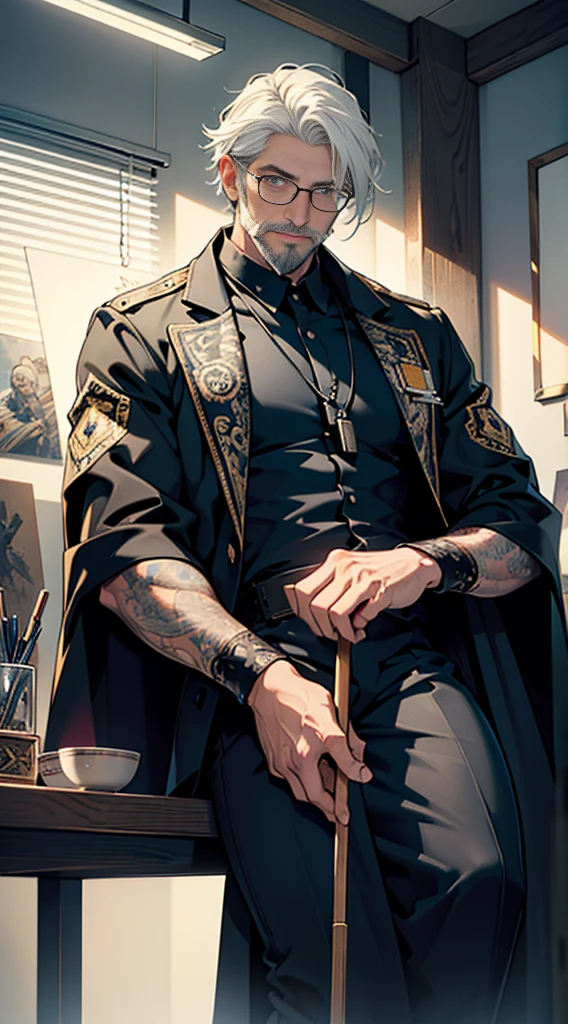 (masterpiece:1.2), (illustration), (best quality:1.2), (best aethetic:1.1), (beautiful art:1.2), (ultra-detailed:1.2), (8k), (HDR), (cinematic lighting), (wallpaper), (sharp focus), (intricate), man sit down on police office, 30 years old, wearing glasses, white hair, short cut hair, have mustache and beard, 175cm tall, used futuristic stick, wearing long cape batik art style, white aura all over his body, charismatic, horror