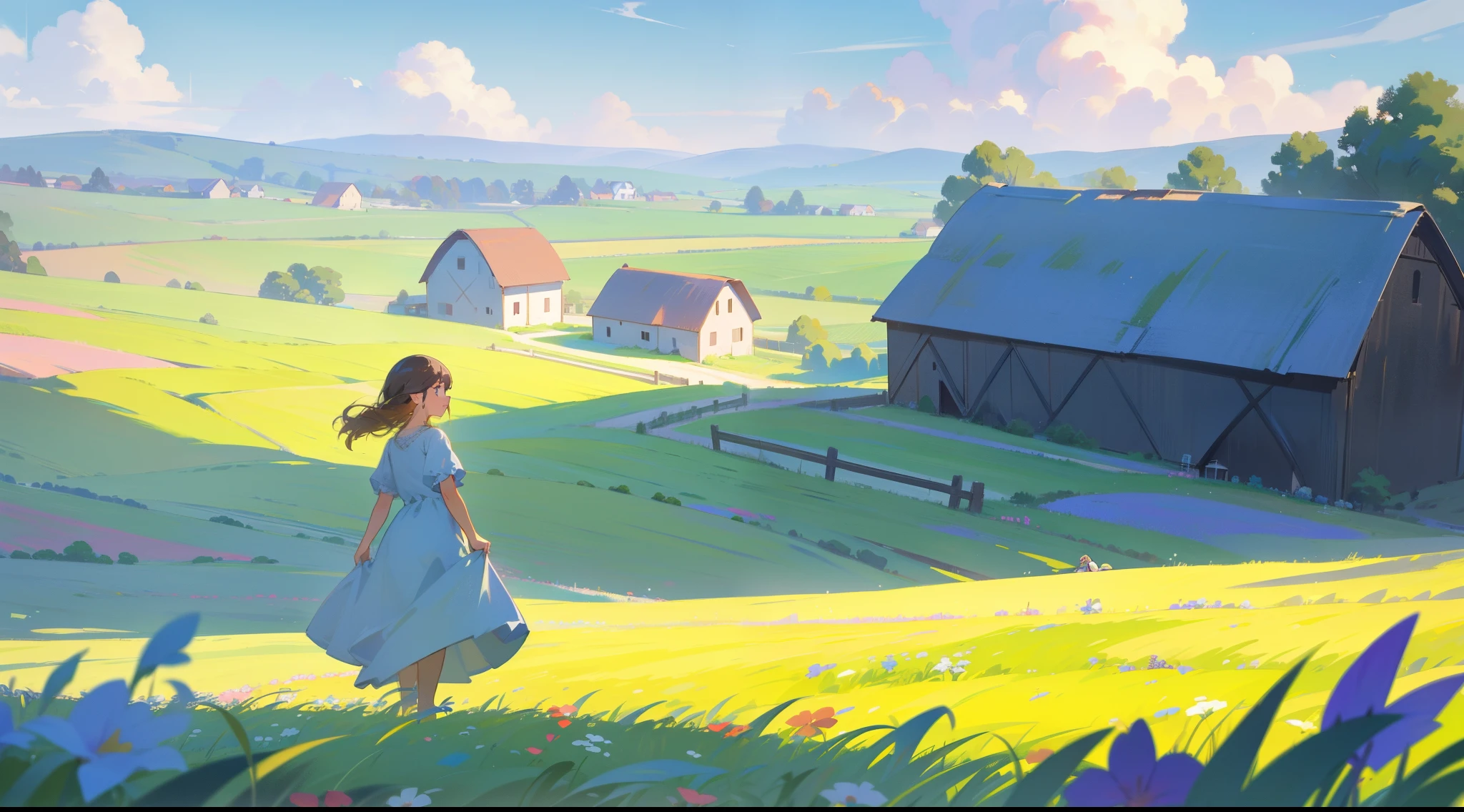 countryside, field, meadow, flowers, beautiful girl in peasant dress walking through field, ((cottage farmhouse and barn)), masterpiece, best quality, sharp focus, intricate details, perfection, golden ratio composition, 8k resolution, high resolution, beautiful, beautiful sky, vibrant pastel colors, bright colors