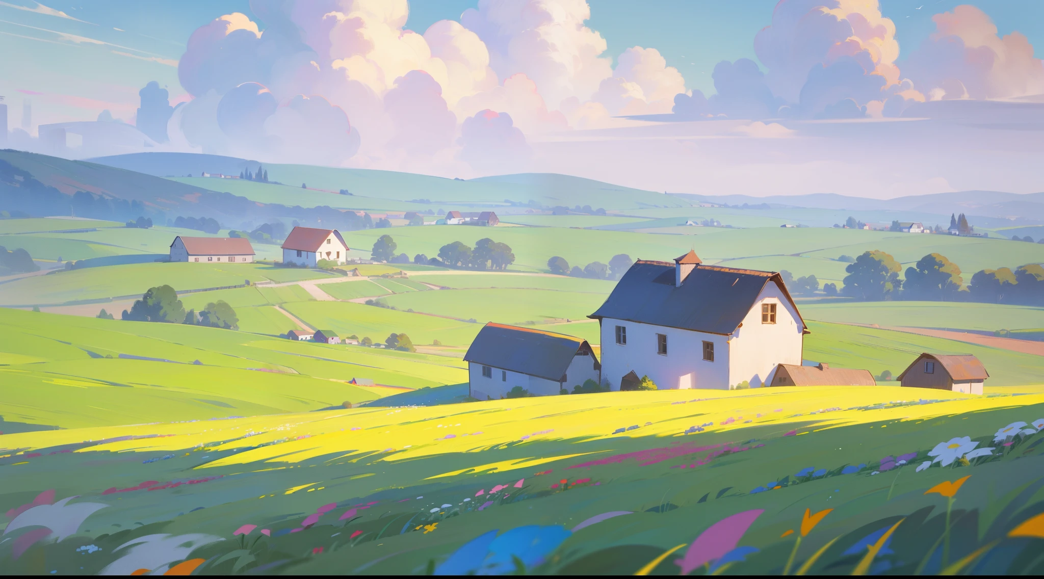 countryside, field, meadow, flowers, beautiful girl in peasant dress walking through field, ((cottage farmhouse and barn)), masterpiece, best quality, sharp focus, intricate details, perfection, golden ratio composition, 8k resolution, high resolution, beautiful, beautiful sky, vibrant pastel colors, bright colors