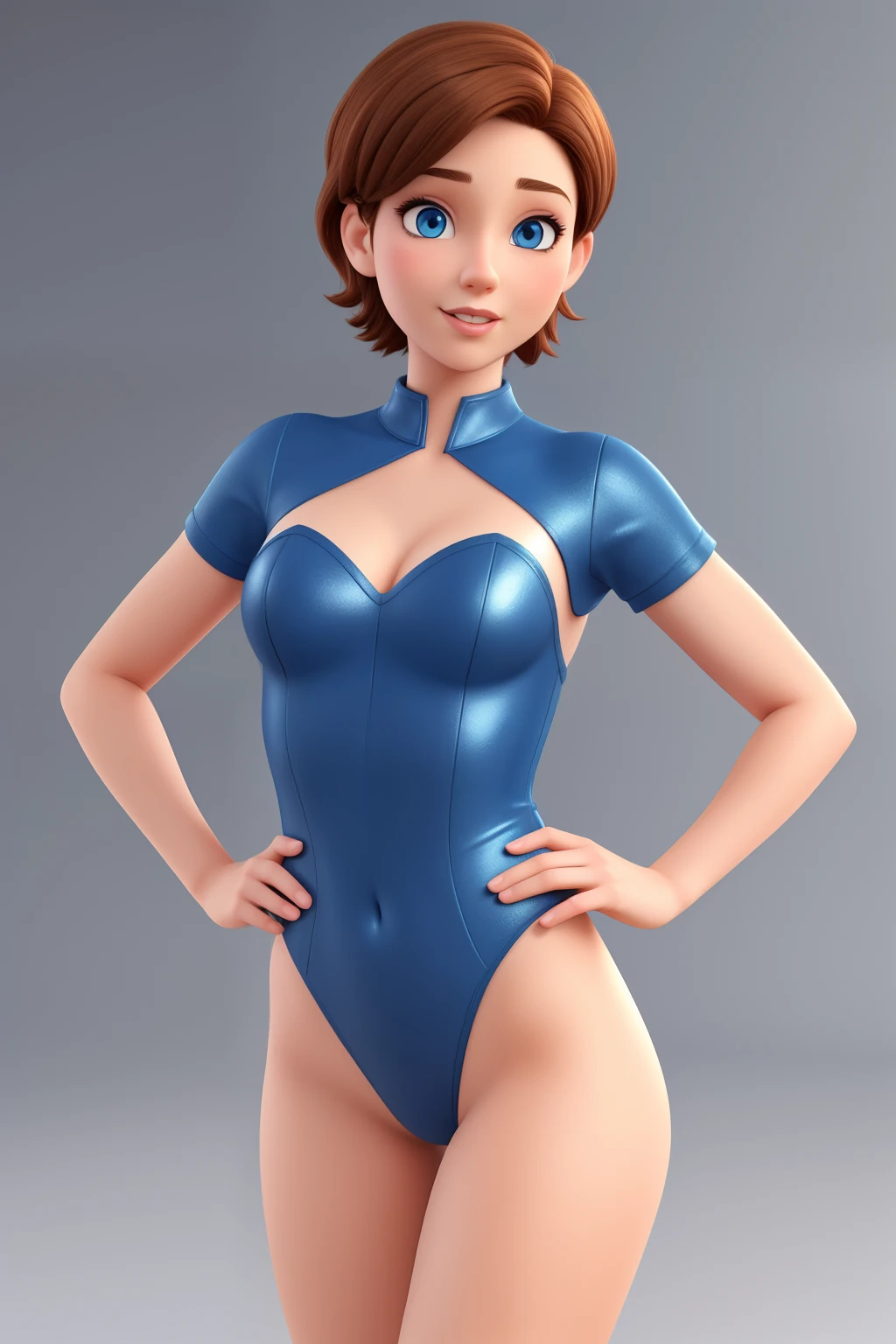 2Femle vet mid 20's with short hair and blue eyes, young looking, wearing leotard, Portait photo. 3d cartoon with accurate proportions, kissing