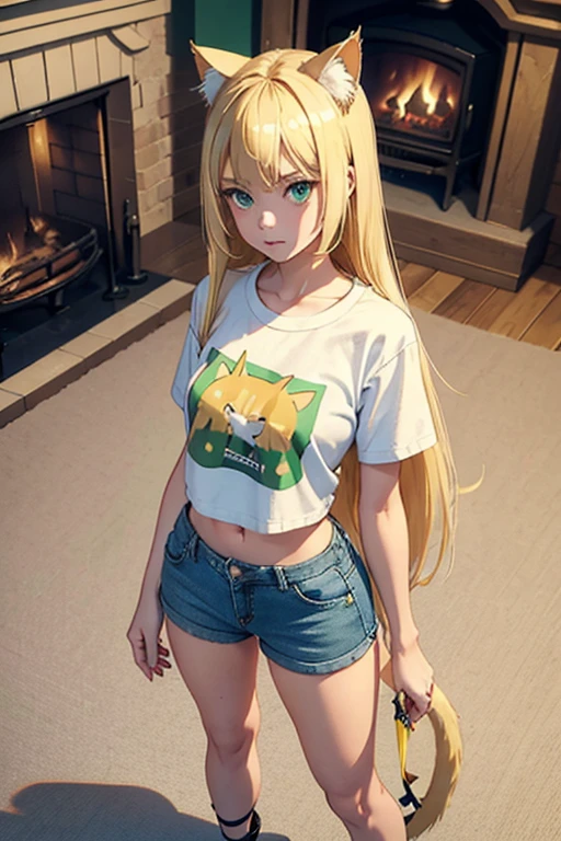 A girl, long blonde hair, blonde pointed neko cat ears, green eyes, crop t-shirt, with a print text "Ferris" on the shirt, short denim pants, heels, with a blonde cat tail, standing, full body view, on a carpet in front of a fireplace, high res, ultrasharp, 8K, 3D, masterpiece