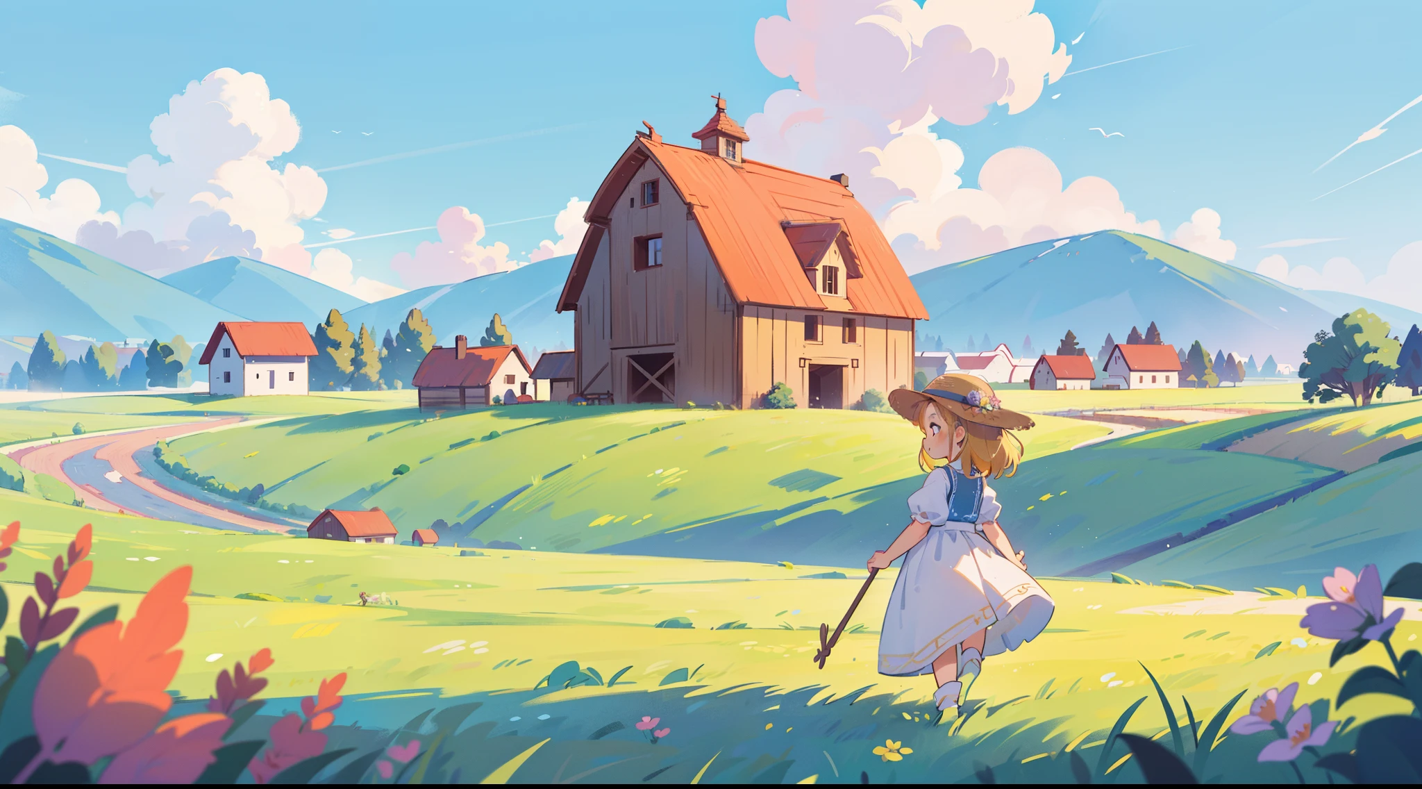 countryside, field, meadow, flowers, beautiful girl in peasant dress walking through field, ((cottage farmhouse and barn)), masterpiece, best quality, sharp focus, intricate details, perfection, golden ratio composition, 8k resolution, high resolution, beautiful, beautiful sky, vibrant pastel colors, bright colors