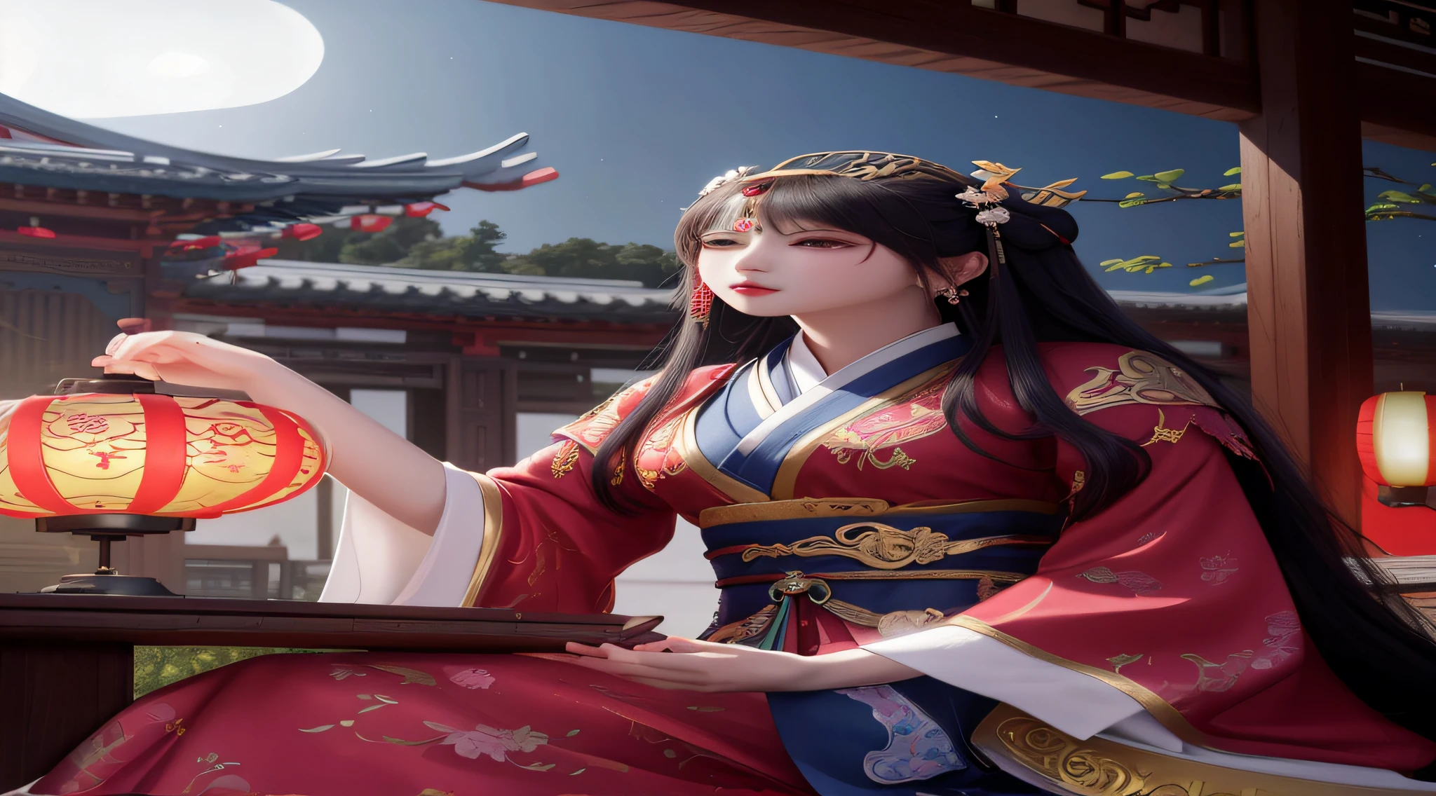 (Best quality at best,4K,8K,A high resolution,tmasterpiece:1.2),ultra - detailed,(actual,realisticlying,Photorealistic:1.37),A woman in a red and blue dress,Take the lantern,walking in the palace,A girl in Hanfu,beautiful fantasy queen,TRADITIONAL CHINESE COSTUMES,beautiful portraits,cgstation hot topics,Chinese costumes,Guweiz style artwork,Beautiful renderings of the Tang Dynasty,Princesa chinesa antiga,Wearing ancient Chinese costumes,moonlit night,Ink background