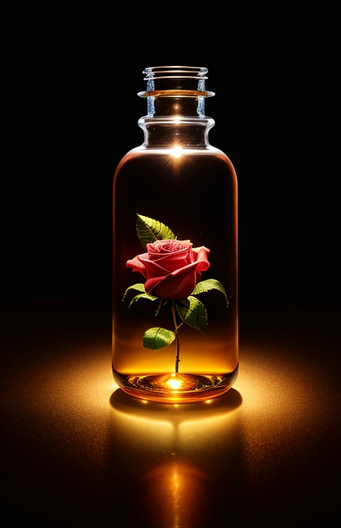 Rose in a bottle, fluffy, realistic, atmospheric light refraction, by lee jeffries nikon d850 film stock photograph 4 kodak portra 400 camera f1.6 lens rich colors hyper realistic lifelike texture dramatic lighting unreal engine trending on artstation cinestill 800, Style-Glass