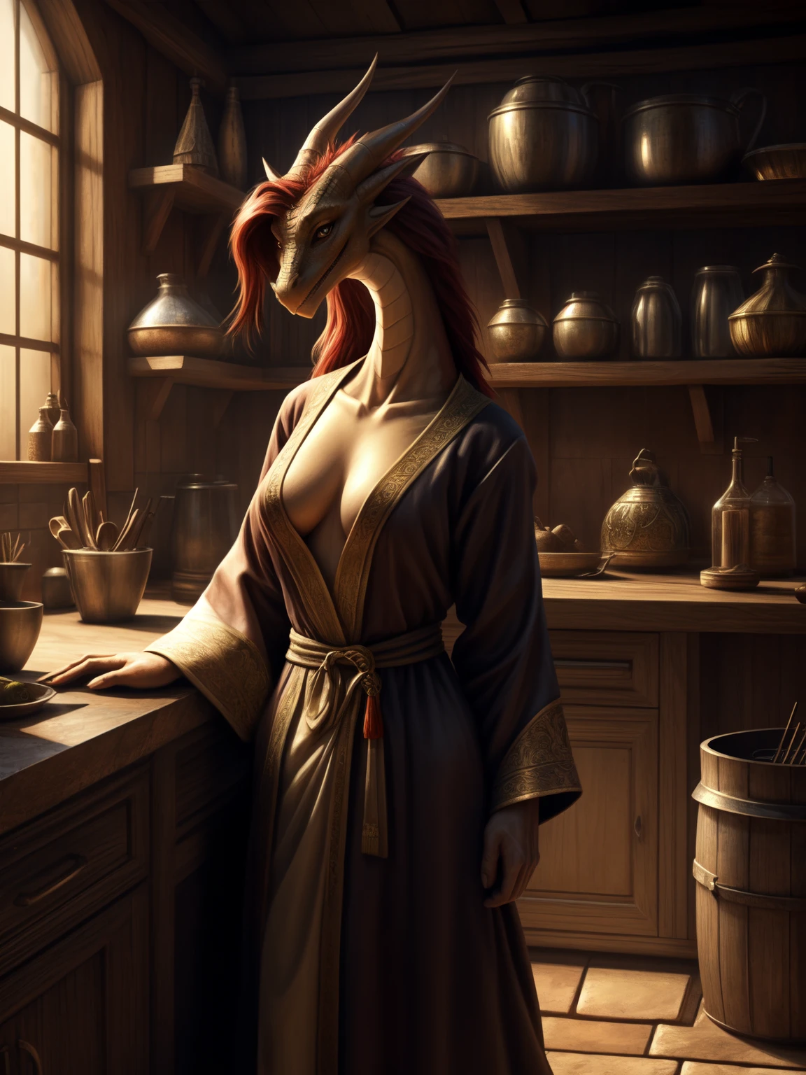Extremely detailed, computer graphics, unity, 8k wallpaper, Stunning detail, Finely detailed, Masterpiece, Best Quality, official arts, Extremely detailed computer graphics unity 8K wallpaper, Ultra-detailed, hight resolution, Extremely detailed, Clear, Focused, (Best Quality), (Realistic, photo-realistic:1.6), 8K, soft-lighting, hiquality, ((Seductive slender anthro dragoness in medieval robes)), Women's, anthro, dragon/Lizard's head, scaly body,,,, in full growth, Slender breasts, scaled skin, Long red hair, membranous ears, small head, long neck, long legs, tail, Shelves with product backgrounds, The character prepares food in the kitchen, pans and pots, Steam and fire