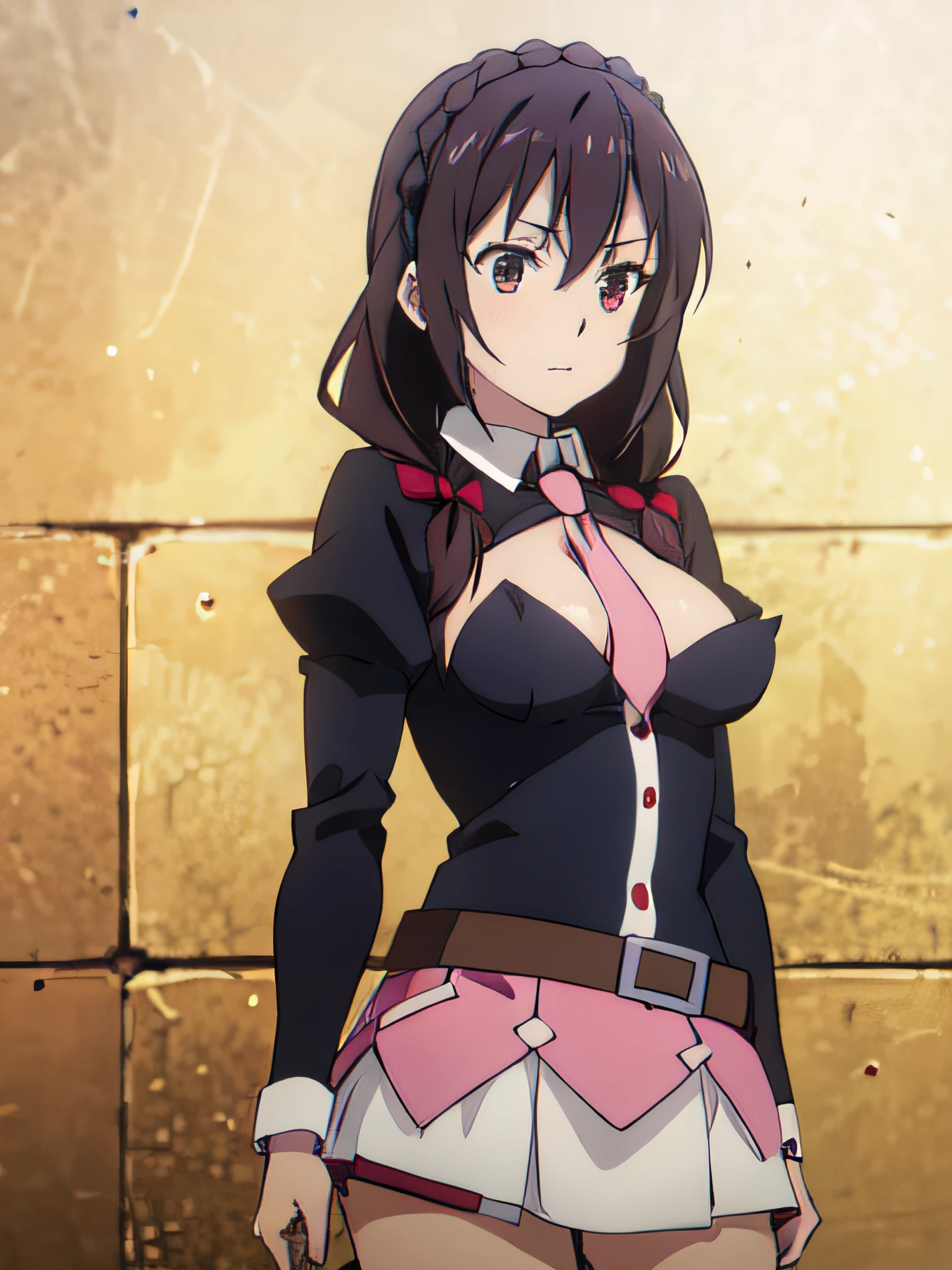 Yunyun, 1girl, Parte superior del cuerpo, Altas Resoluciones, pechos grandes, Mirando al espectador, Trenza de corona, camisa, cuello, Mangas Julieta, Recorte de escote, Colas gemelas bajas, Minifalda rosa, muslosaltos, corbata, beltt, boca ondulada, ruboroso,