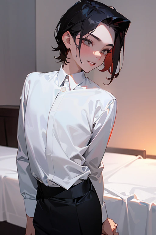 1 Boy, dark hair, white shirt, black slacks, on sheets, Long Sleeve Shirts, cool, (sexy:1.3), Fascinating, evil smile, Turn body to the front, (Facing forward.:1.0),(Looking forward:1.0),(parted lips), pale skin,(background: on bed in bedroom), sunset, high quality, high resolution, masterpiece