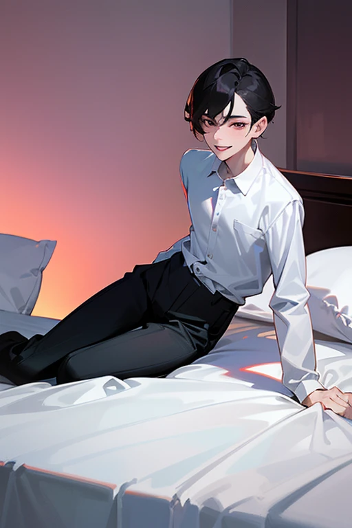 1 Boy, dark hair, white shirt, black slacks, on sheets, Long Sleeve Shirts, cool, (sexy:1.3), Fascinating, evil smile, Turn body to the front, (Facing forward.:1.0),(Looking forward:1.0),(parted lips), pale skin,(background: on bed in bedroom), sunset, high quality, high resolution, masterpiece