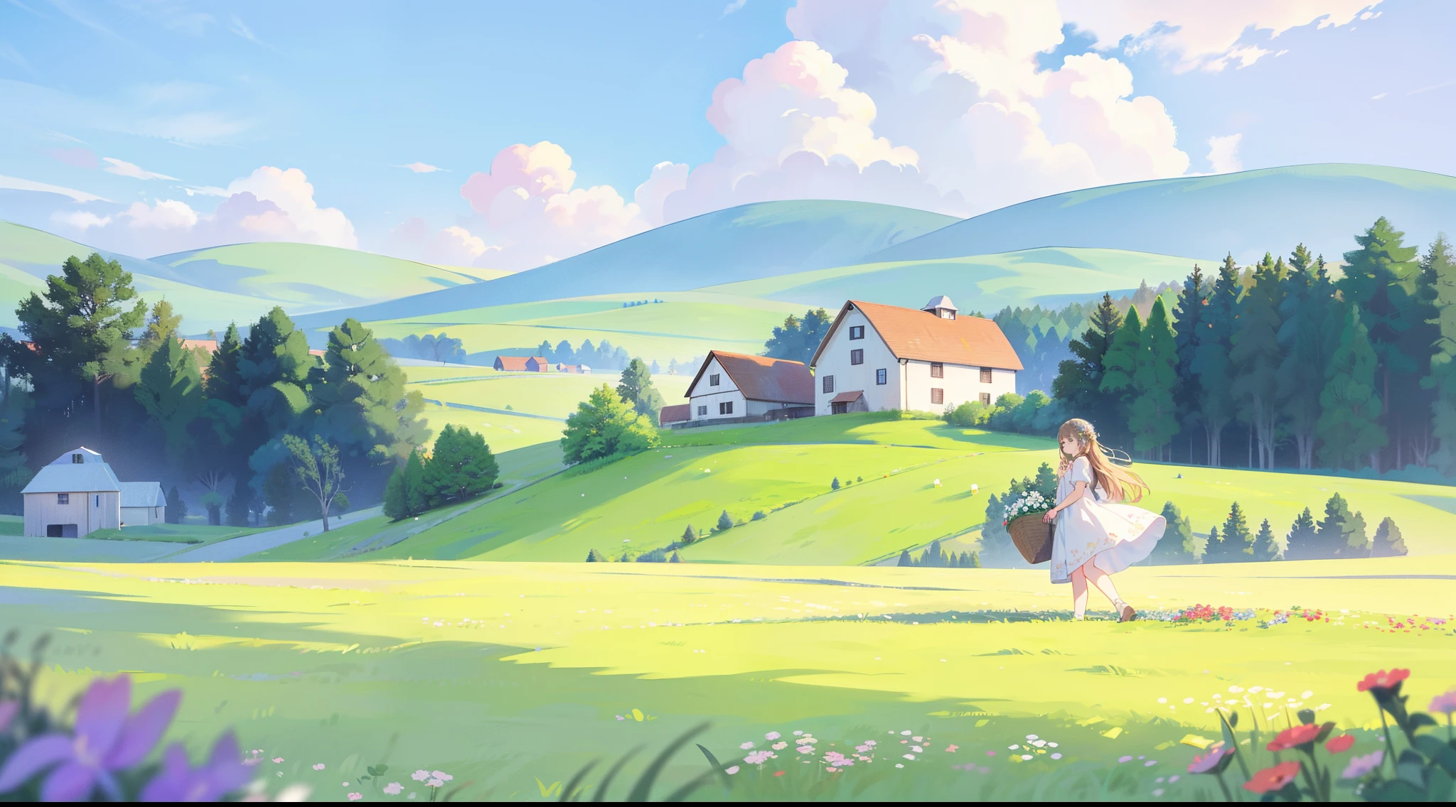 countryside, field, meadow, flowers, beautiful girl in peasant dress walking through field, ((cottage farmhouse and barn)), masterpiece, best quality, sharp focus, intricate details, perfection, golden ratio composition, 8k resolution, high resolution, beautiful, beautiful sky, vibrant pastel colors, bright colors