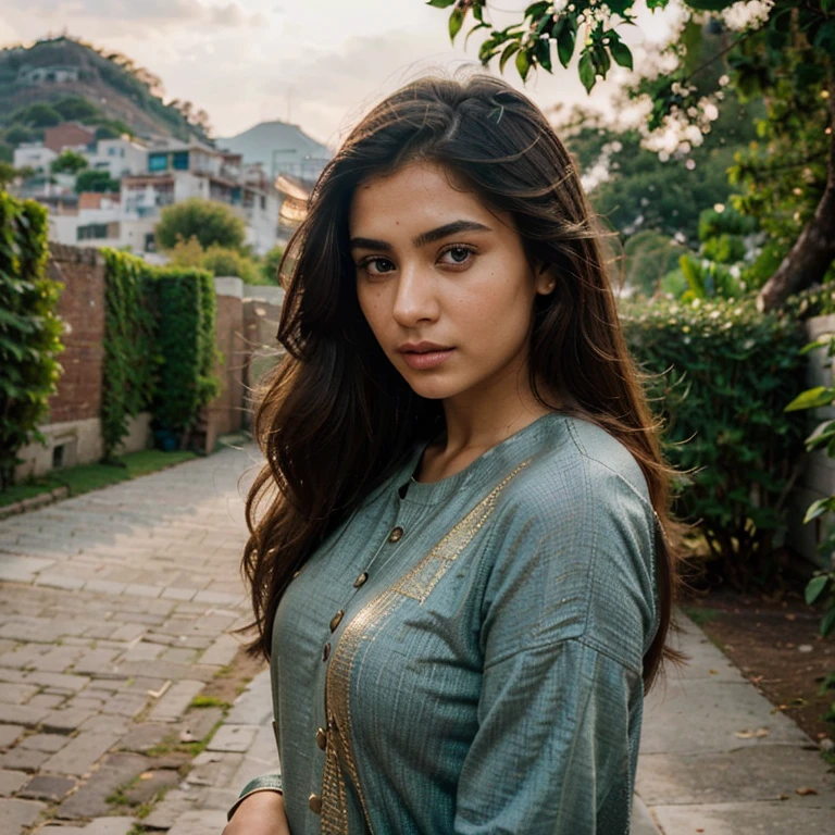 (Best quality, Ultra-detailed, Golden Ratio, Masterpiece:1.2), Photorealistic photograph of a beautiful pakistani woman posing at a scenic location, turning her head to the side. The woman should have a flawless, highly detailed face (Highly Detailed Skin) with soft, luminous skin. Her long hair should be naturally brown and stylishly arranged. The focus of the image on her face (Sharp Focus on the Face, Perfect Eyes:1.2). The scene should be rendered in muted, warm colors. The photography should feature high-quality film grain (ISO 400, 30mm lens RAW f1.8 aperture, highly detailed) to create the impression of analog photography (Analog Photography:1) with HDR colors, the scene both realistic and stylish. The image should be a full body shot, from head to toe. Wearing modest clothes, arms stretched back,