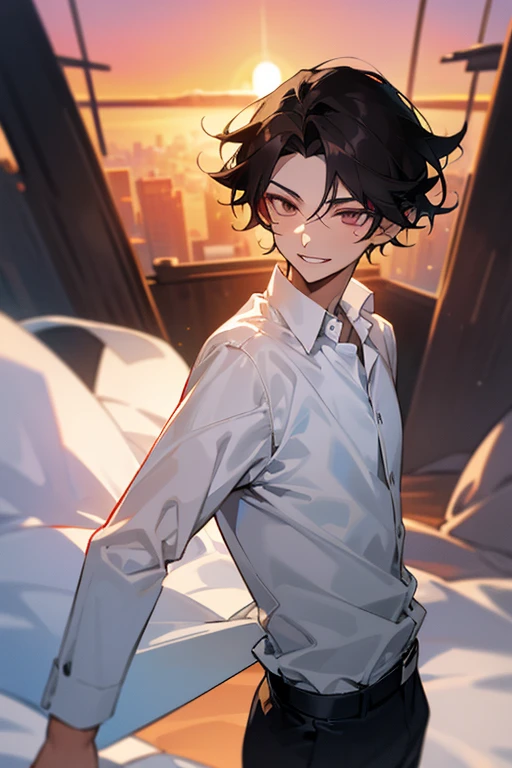 1 Boy, dark hair, white shirt, black slacks, on sheets, Long Sleeve Shirts, cool, (sexy:1.3), Fascinating, evil smile, Turn body to the front, (Facing forward.:1.0),(Looking forward:1.0),(parted lips), sunset, high quality, high resolution, masterpiece