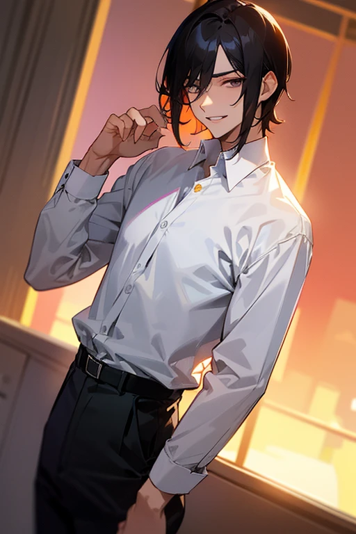 1 Boy, dark hair, white shirt, black slacks, on sheets, Long Sleeve Shirts, cool, (sexy:1.3), Fascinating, evil smile, Turn body to the front, (Facing forward.:1.0),(Looking forward:1.0),(parted lips), sunset, high quality, high resolution, masterpiece