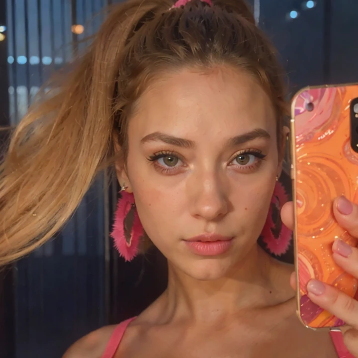 um Close up de uma mulher com um rabo de cavalo segurando um celular, rosto como ester exposito, inspirado em Julia Pishtar, Estilo de Julia Razumova, iphone Selfie, Retrato de Nicole Aniston, an aesthetic!, 4 0 9 6, 🤬 🤮 💕 🎀, Nicole Aniston, Fotografia Selfie 8k, Cl, 👁🌹👾, Selfie