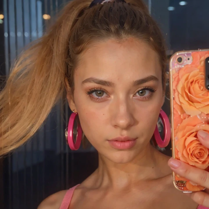 um Close up de uma mulher com um rabo de cavalo segurando um celular, rosto como ester exposito, inspirado em Julia Pishtar, Estilo de Julia Razumova, iphone Selfie, Retrato de Nicole Aniston, an aesthetic!, 4 0 9 6, 🤬 🤮 💕 🎀, Nicole Aniston, Fotografia Selfie 8k, Cl, 👁🌹👾, Selfie