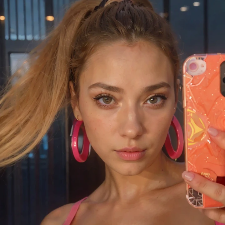 um Close up de uma mulher com um rabo de cavalo segurando um celular, rosto como ester exposito, inspirado em Julia Pishtar, Estilo de Julia Razumova, iphone Selfie, Retrato de Nicole Aniston, an aesthetic!, 4 0 9 6, 🤬 🤮 💕 🎀, Nicole Aniston, Fotografia Selfie 8k, Cl, 👁🌹👾, Selfie