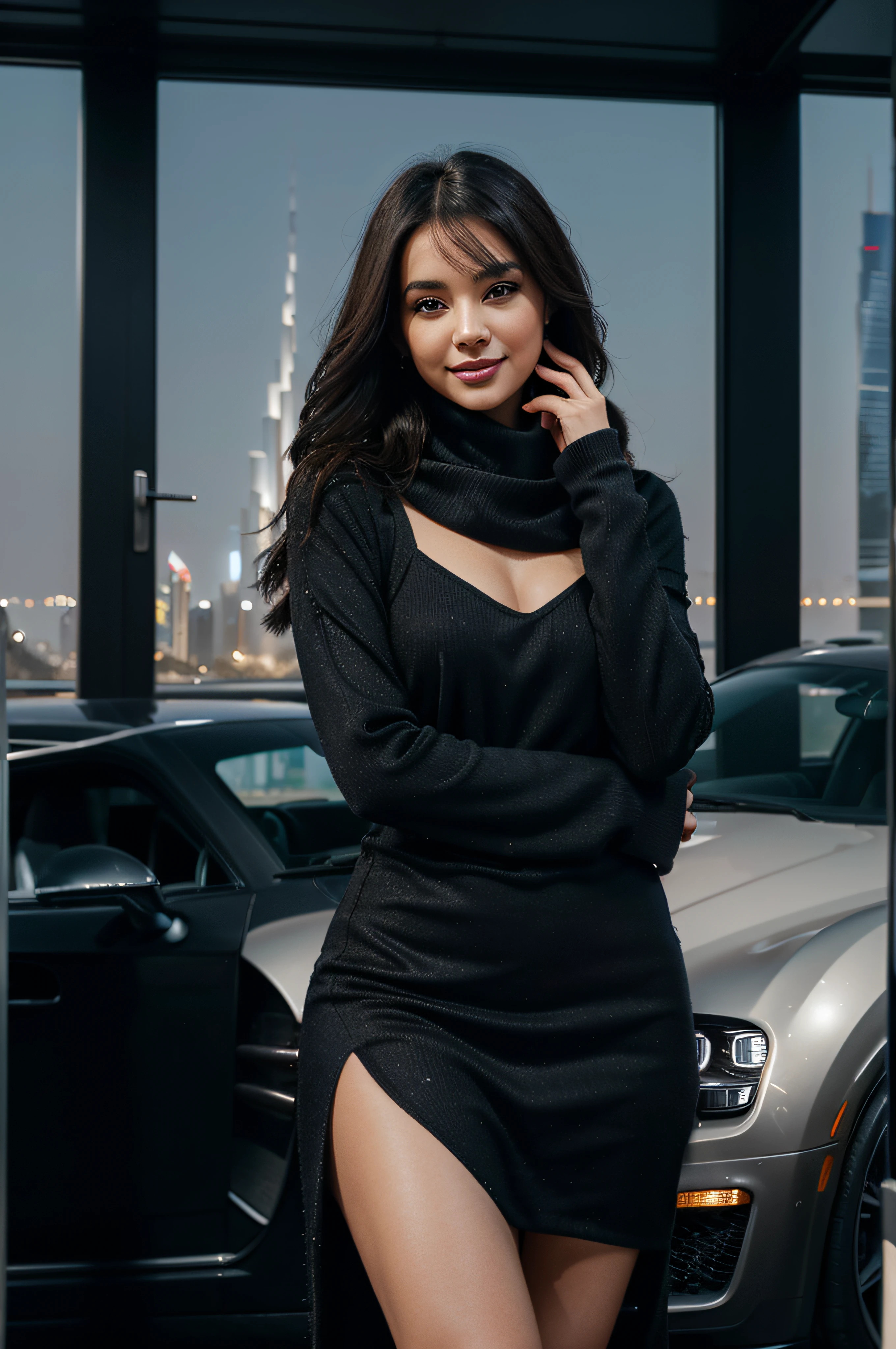 A woman, extremely cute and beautiful, with an extremely nice body, perfect smile, sparkling eyes, dark hair and eyes, fair skin, photographed –v 5 in Dubai. She strikes a pose inside a luxurious Bugatti, showcasing a winter outfit that is both fashionable and cute. The city's skyline serves as a stunning backdrop, with towering skyscrapers and a vibrant atmosphere. The woman's confidence radiates as she models the cutest winter ensemble, capturing attention with her stylish demeanor. Photographed by Peter Lindbergh, using a Hasselblad H6D-100C with a 80mm lens, the lighting is a mix of natural city lights and carefully placed spotlights, creating a glamorous and sophisticated ambiance. --v 5 --q 2, 2579001917