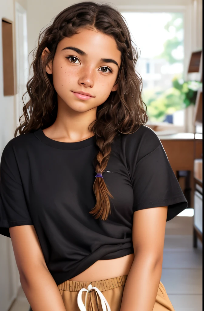 1girl. Tan skin, freckles on nose, freckles on cheeks, dark brown hair, wavy hair, hair braid, loose T-shirt, black sweatpants, twenty years old