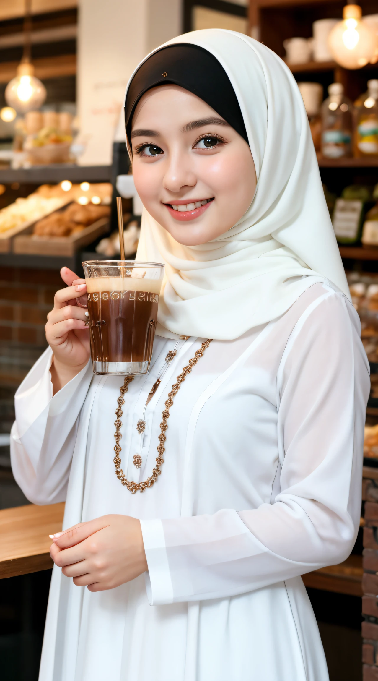 1 Girl, Beautiful, Russian , 28 Years Old, White Skin, White Hijab Gamis Muslim Outfit, Big Chest, cafe Background, Wind, Smiling, looking to the camera, Hand Beside Hipokeh:1.5))