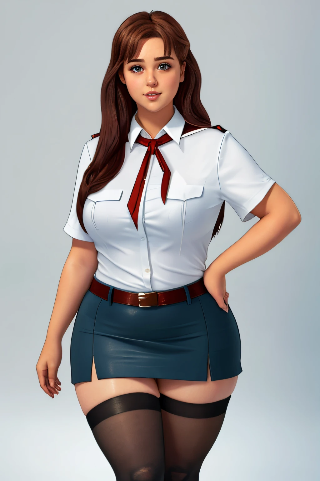 masterpiece, (photorealistic), (8k wallpaper) , (best quality), perfect quality, solo, (detailed eyes:0.9), girl, red hair, small smile, very young, face : (very young, European, very beautiful face, young). figure : (very full figure, curvy, very plump, very chubby, very chubby belly, love handles, muffin top, very soft, very thick, very thicc, sexy, sexy pose, fat, fat rolls, fat thighs). clothes: ( short miniskirt, very tight uniform, very tight shirt, ripped tights, ).