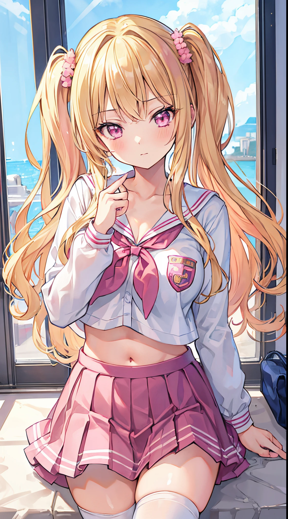 masterpiece, high quality, 1girl, gyaru, blonde hair, pink eyes, school uniform, thighhighs, pink bra