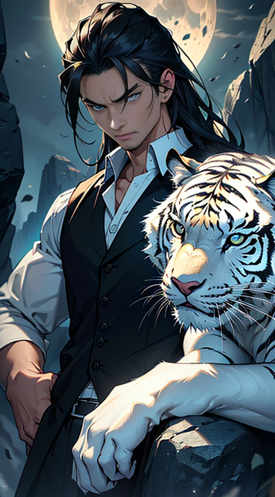 (masterpiece:1.2), (illustration), (best quality:1.2), (best aethetic:1.1), (beautiful art:1.2), (ultra-detailed:1.2), (8k), (HDR), (cinematic lighting), (wallpaper), (sharp focus), (intricate), (eyes very detail) man in meditation, javanese, 170cm tall, black hair colours, little long hair, angry expression, glowing pupils eyes, wearing white vest batik art style, white energy all around his body, energy white tiger, background cave at night with little lighting from moon, horror