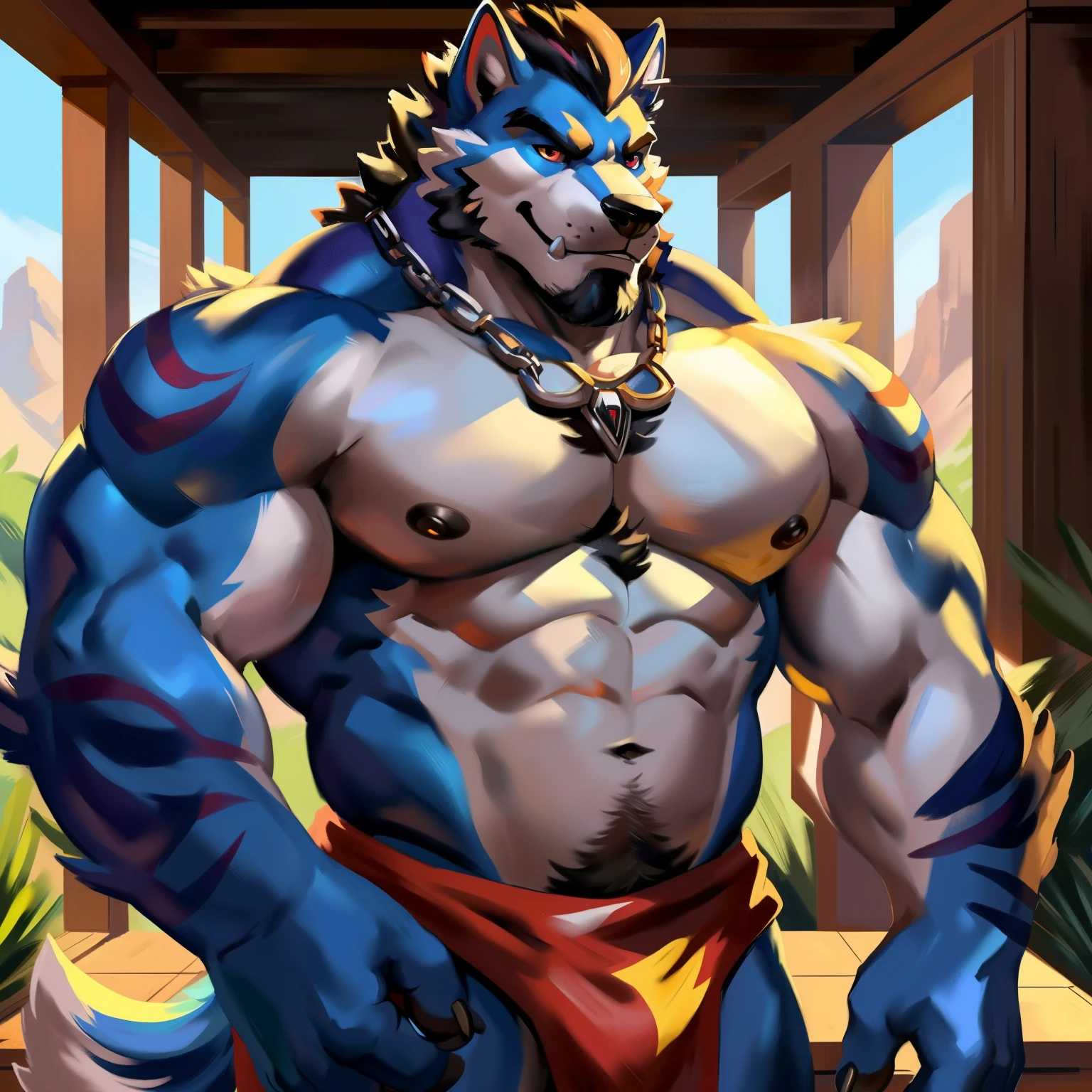 masculino, solamente, Anthro, lobo, Manos detalladas, bosque, Manos bien dibujadas, ((suspensorio)), dientes, Colmillos, dientes blancos, dilf, papi, Figura paterna, macho maduro, cuerpo peludo, Pecs, ((En pie)), ((manos en las caderas)), ((protuberancia muy detallada)), very detailed lighting, ((Textura de pelaje muy detallada)), ((Ropa muy detallada)), muy detallado, muy alta calidad, Very high resolution, por juiceps
