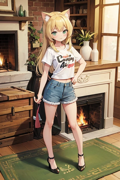 A girl, long blonde hair, blonde pointed neko cat ears, green eyes, crop t-shirt, with a print text "Ferris" on the shirt, short denim pants, heels, with a blonde cat tail, standing, full body view, on a carpet in front of a fireplace, high res, ultrasharp, 8K, 3D, masterpiece