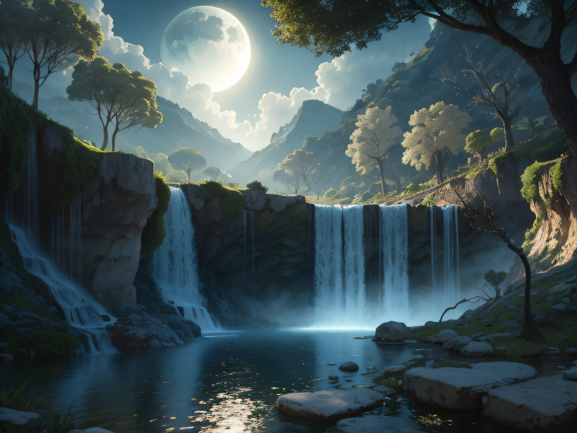 Paisaje de ciencia ficcion, sol y luna, muchos arboles, una cascada de agua que cae del cielo, fantasy lighting, obra maestra, 8k