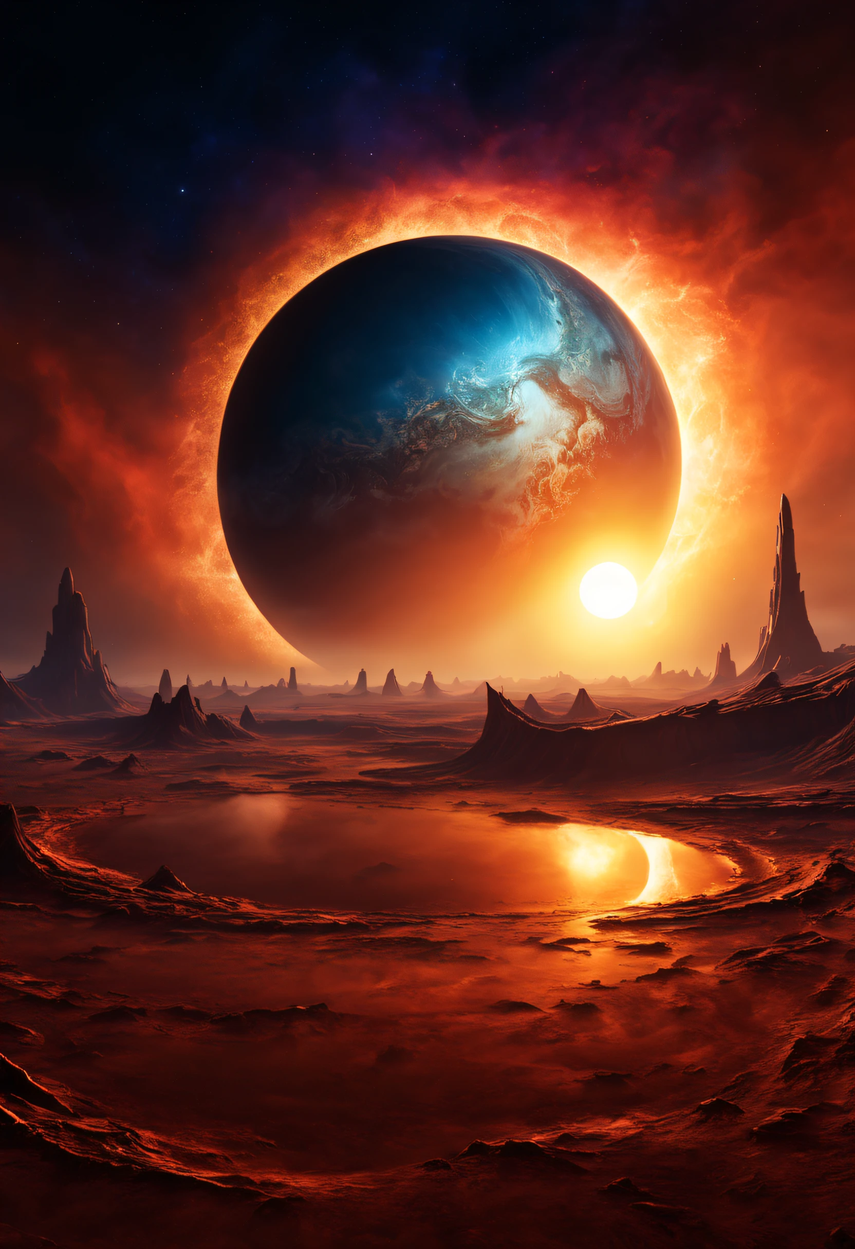 a magnificent sunset on a strange and mysterious alien style planete. It's very textured and detailed with dreaming lot of whirlwind and dreaming dust