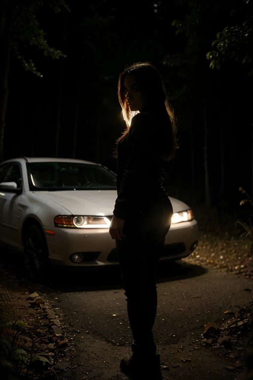 hot woman, standing in front of a car, in a forest, at night, Backlighting