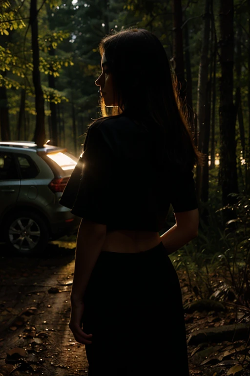 hot woman, standing in front of a car, in a forest, at night, Backlighting