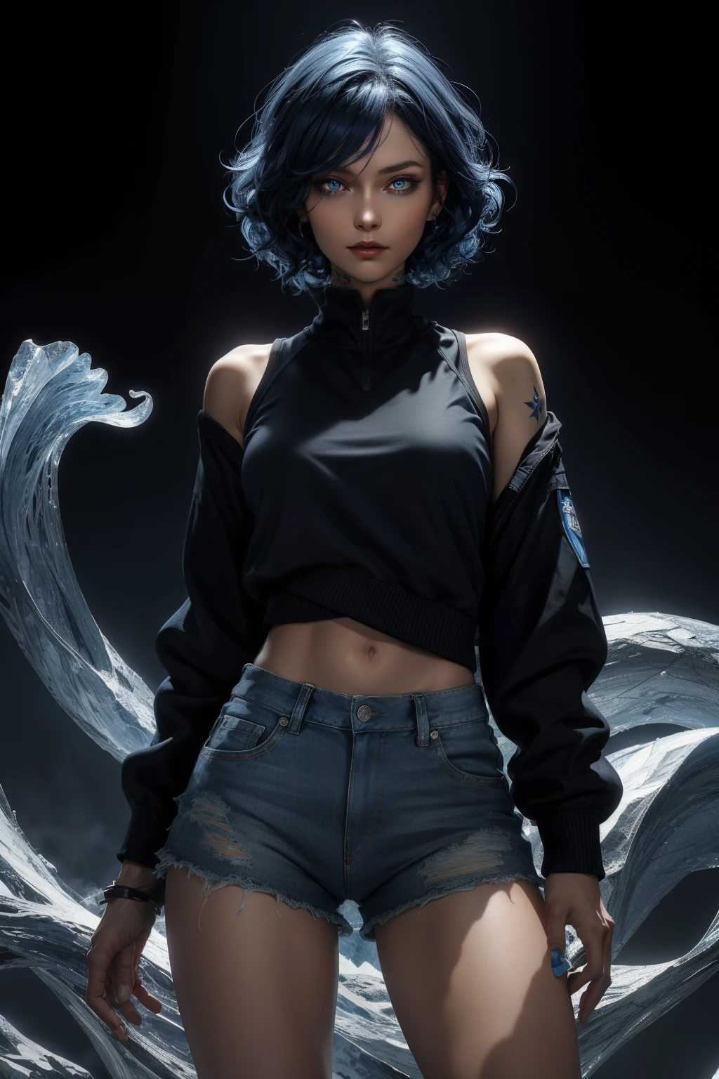a realistic Russian woman, in her 24s, very dark black skin, with a tattoo on her left leg, eye irises of the same color, very detailed eyes, blue eyes, with sky blue hair, very short hair with curls, wearing a white sweatshirt jacket, and denim shorts that go up to the knee, fractal background, in the background there is ice, ice smoke coming from the woman's breath, dark background, studio lighting, Fractal Art