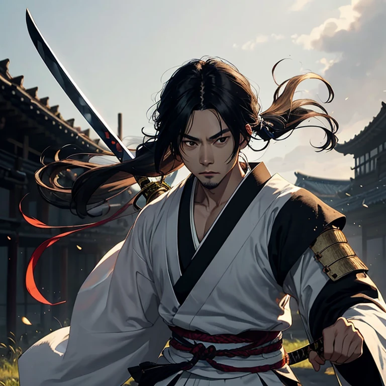 samurai sapo branco, long thin hair with a sword in each hand