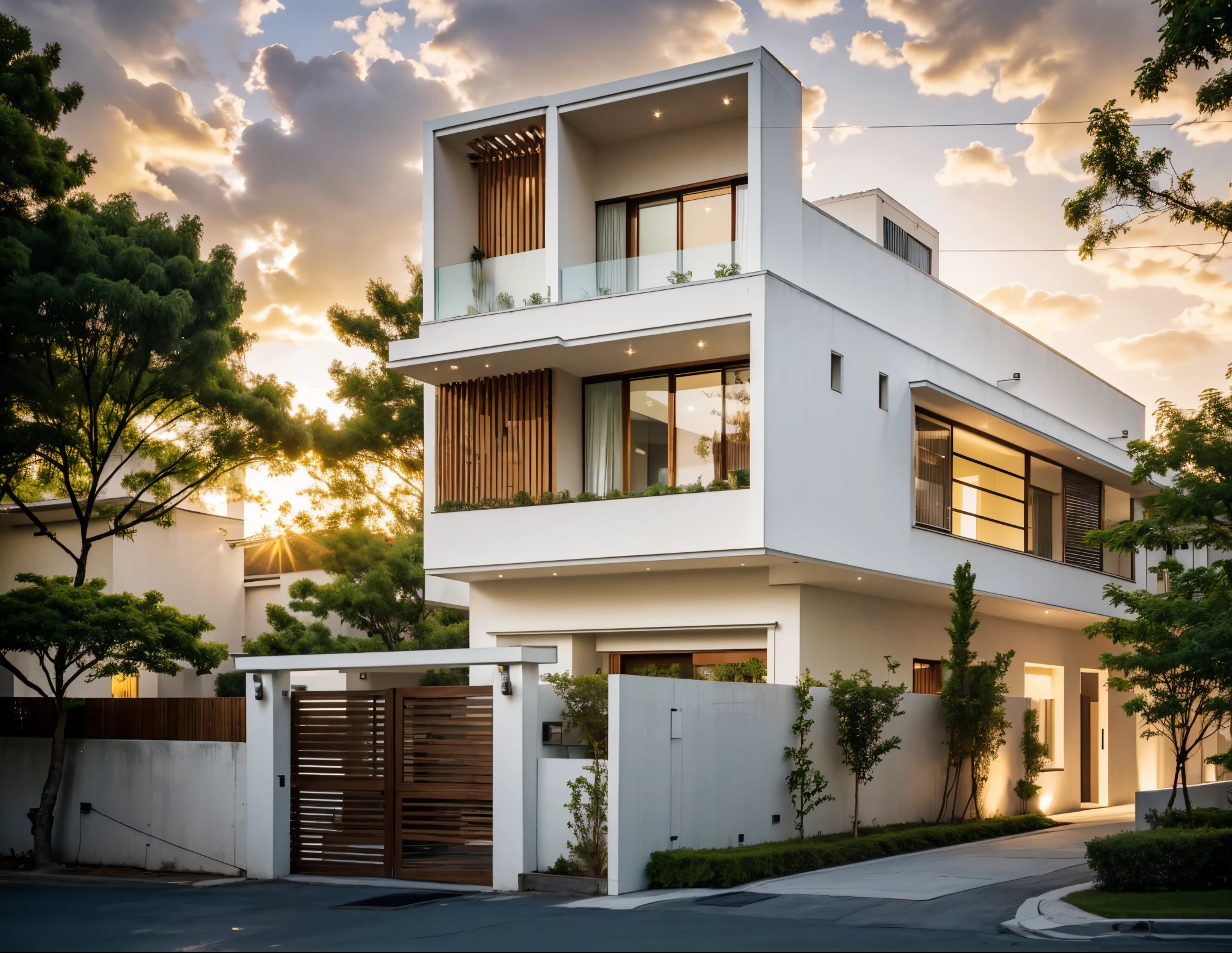 view of a modern townhouse, main material by white wall and stone and wood,3rd corner house,standing wooden slats, glass railing,iron column I, 1 road runs in front of the house, (RAW photo, real, best quality, masterpiece:1.2), look morden minimalist, 1 road in front of the house, shime ring light, light brighteness from indoor:1.2, dynamic lighting:1.3, (hyper realistic, photo-realistic:1.2), high quality, day lighht, hight contrast :0.5 perfect lighting, archdaily, award winning contemporary, contemporary masterpiece, well-designed masterpiece, neotraditional modern, midcentury modern, contemporary house, hip modern vibe, a long-shot from front, award winning modern design, stunning lines, residential, subtle detailing,Green tree in front of the house, (((sunset light))),house in residential area, ((white wall), (light inside the house)