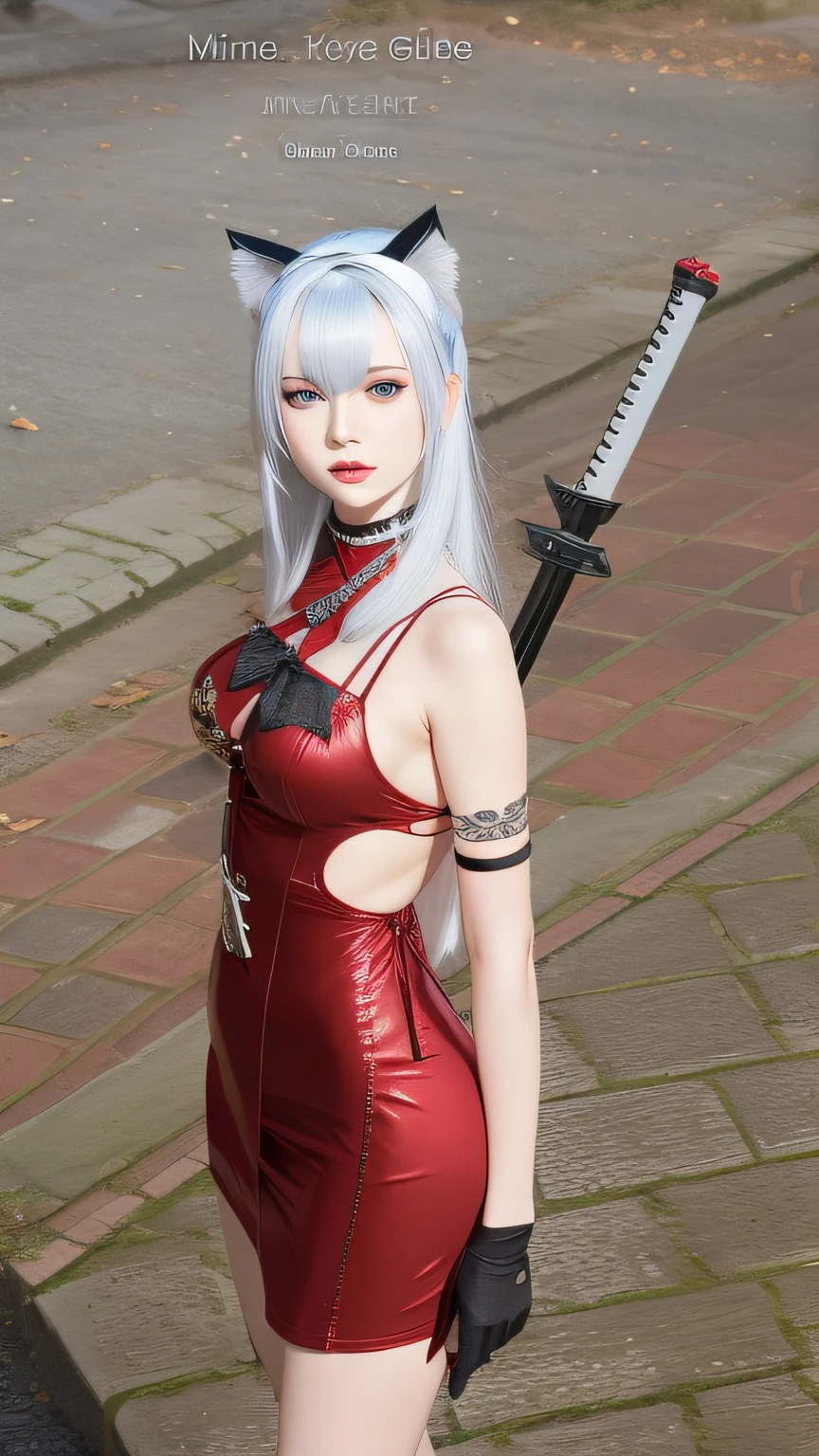 there is a woman with blue eyes in a red dress, katanas strapped to her back, white katana hand holder, same katana, best shape katana, highly detailed character, master quality, best quality, same background, big breast (big boobs), beautiful face, white skin, glossy skin, hand wearing black gloves, long hair, white blue hair, wearing black cat head band,