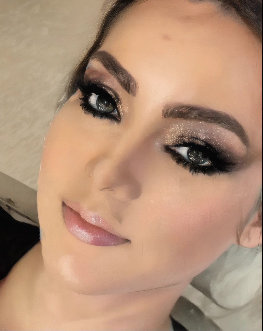 um close up de uma mulher com um top preto e um top preto, rosto sexy com maquiagem completa, olhar sensual, olhos brilhantes, beleza de cair o queixo, Fantastic details full face, maquiagem grossa e extravagante, maquiagem detalhada nos olhos, olhos esfumados, rosto lindo detalhado, maquiagem escura em seu rosto, beleza de cair o queixo, olhos grandes e dois tonificados, maquiagem de noite,cebelos estilo 1940