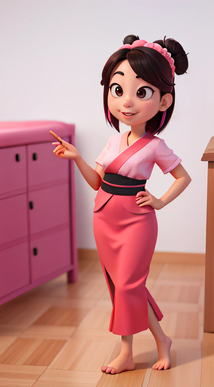 Uma gueixa oriental usando quimono rosa, estilo disney pixar, de corpo inteiro, segurando bandeja de sushi, alta qualidade, melhor qualidade, qualidade 8k