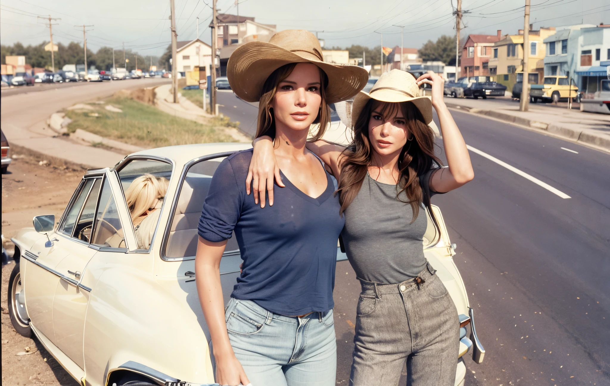 there is a girl  with the face of Sandra Bullock and a sexy woman with long hair and  the face of jennifer lawrence  standing next to a car on the side of the road, taken on a 1970s