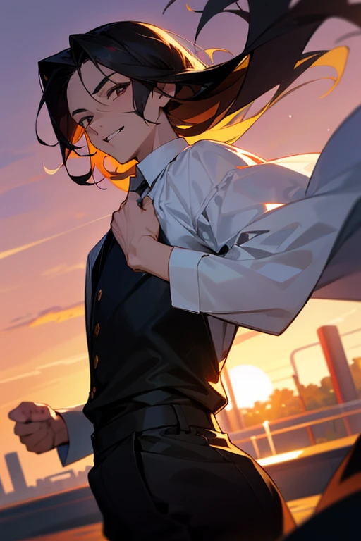 1 Boy, dark hair, white shirt, black slacks, on sheets, Long Sleeve Shirts, Fascinating, evil smile, Turn body to the front, (Facing forward.:1.0),(Looking forward:1.0),(parted lips), sunset, high quality, high resolution, masterpiece