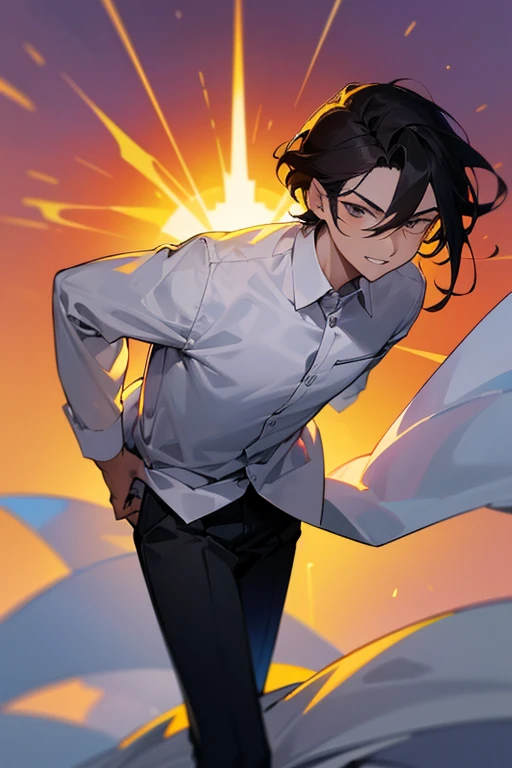 1 Boy, dark hair, white shirt, black slacks, on sheets, Long Sleeve Shirts, Fascinating, evil smile, Turn body to the front, (Facing forward.:1.0),(Looking forward:1.0),(parted lips), sunset, high quality, high resolution, masterpiece