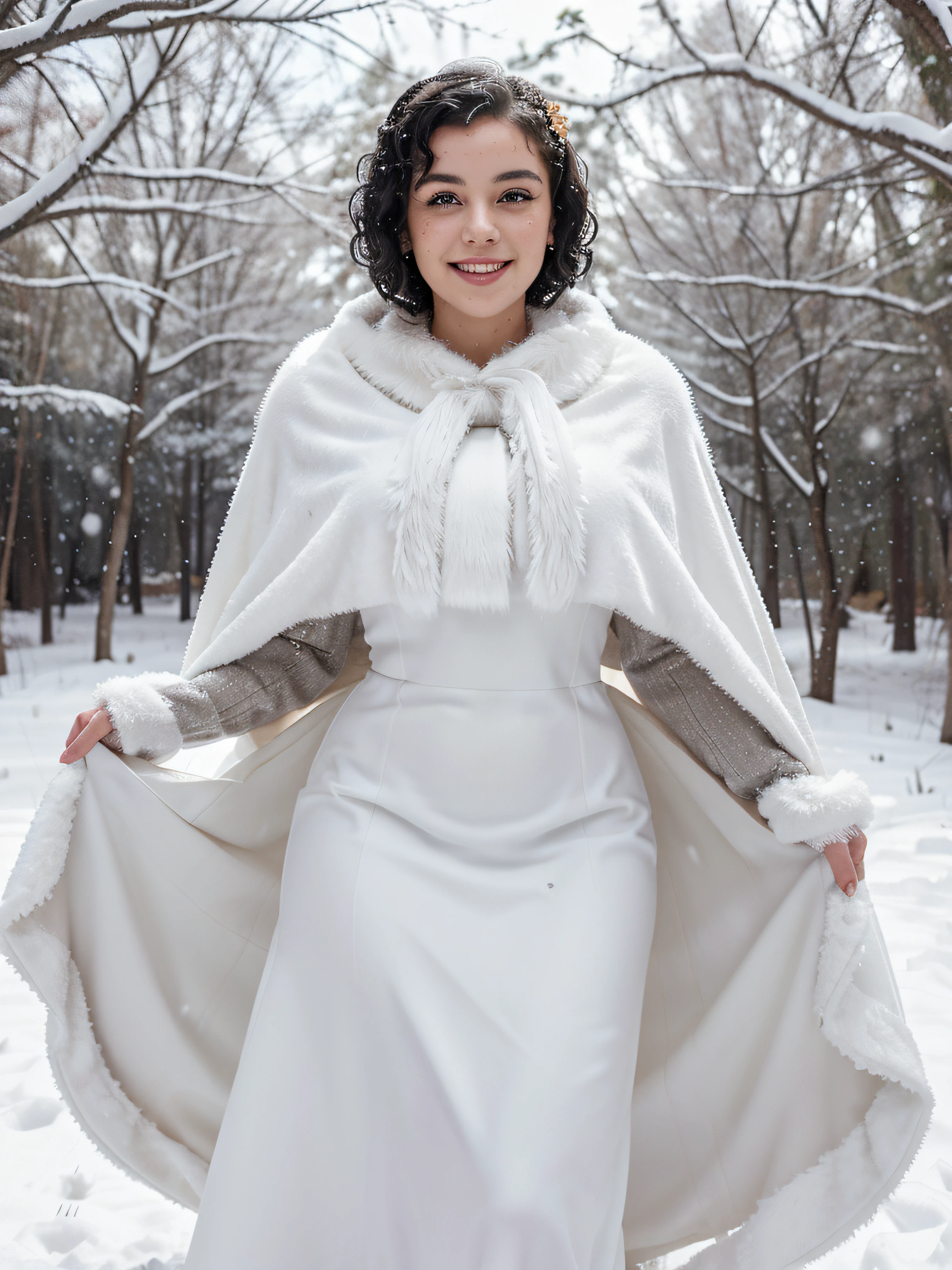 handsome girl, looks like Marilyn Monroe, with black curly short hair, in a wedding dress with a fur cape, A slight smile on his face. dancing in the snow against the backdrop of a snowy forest, Sunny weather, snowing, Christmas atmosphere, The atmosphere of the holiday, Cinematography, Highest Quality, high detail