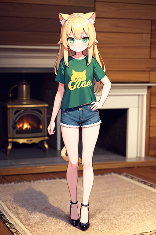 A girl, long blonde hair, blonde pointed neko cat ears, green eyes, crop t-shirt, with a print text "Ferris" on the shirt, short denim pants, heels, with a blonde cat tail, standing, full body view, on a carpet in front of a fireplace, high res, ultrasharp, 8K, 3D, masterpiece